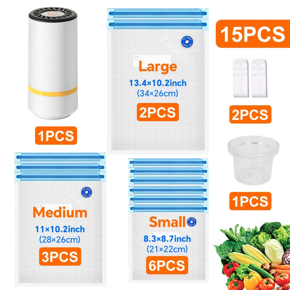 This set includes 15 pieces of food vacuum storage items, consisting of a mini electric vacuum machine, food vacuum storage bags, a handheld mini electric vacuum pump, three sizes of food sealing bags (6 pieces of 21.59 x 20.32 cm, 3 pieces of 27.94 x