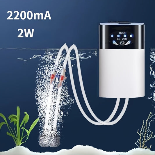 Rechargeable Fish Tank Air Pump with USB and battery power, semi-automatic, uses lithium battery-18650 series, includes 1-2 meter tube with air tube aerolite for aquarium.