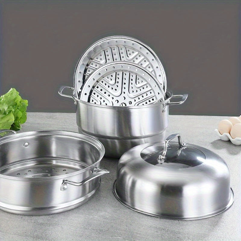 Stainless Steel Steamer Pot with Composite Bottom - Durable, Versatile 3-Tier Design for Induction Cooktops, Great for Home and Professional Kitchens