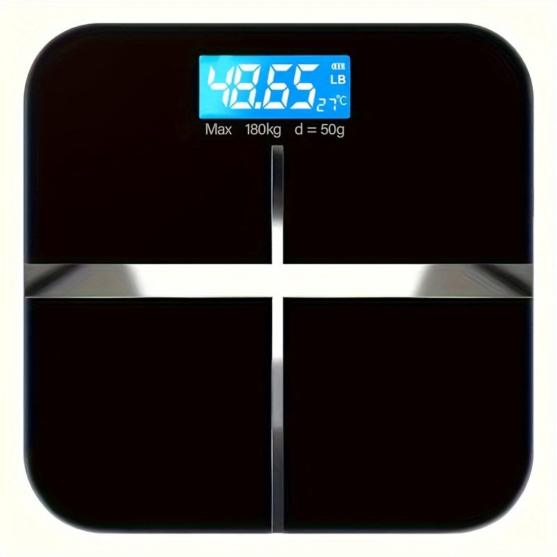 Compact household body scale with wide platform, high capacity, accuracy, safety, large easy-to-read numbers, backlit LCD display, max weight 176.9 KG.