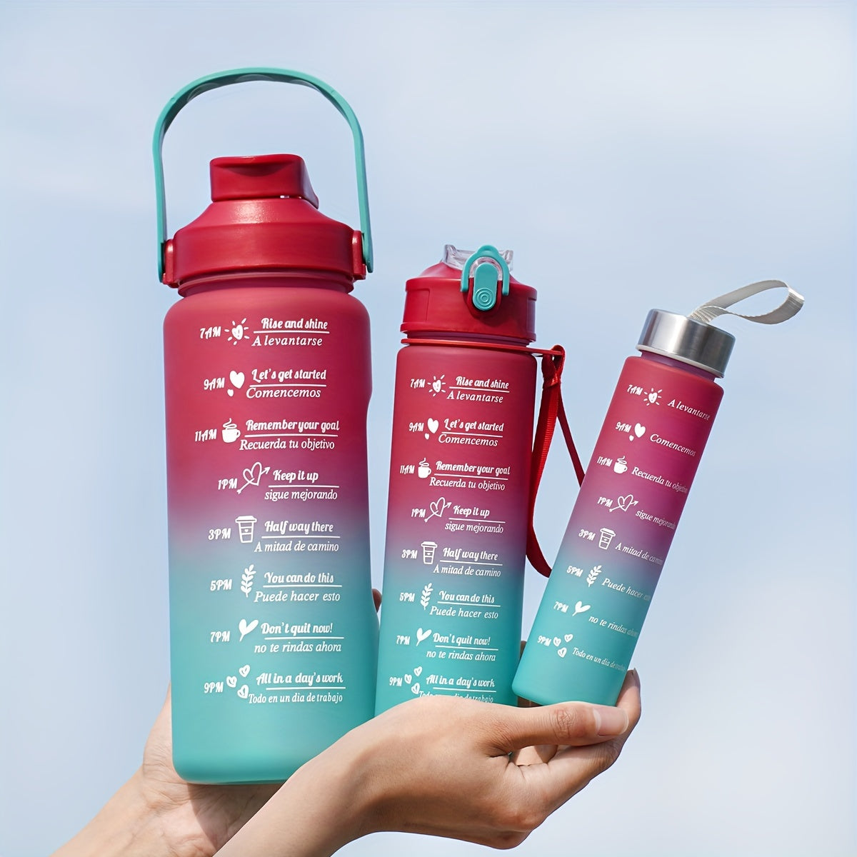 Motivational water bottle set for outdoor activities and fitness; ideal for camping, hiking, and birthday gifts.