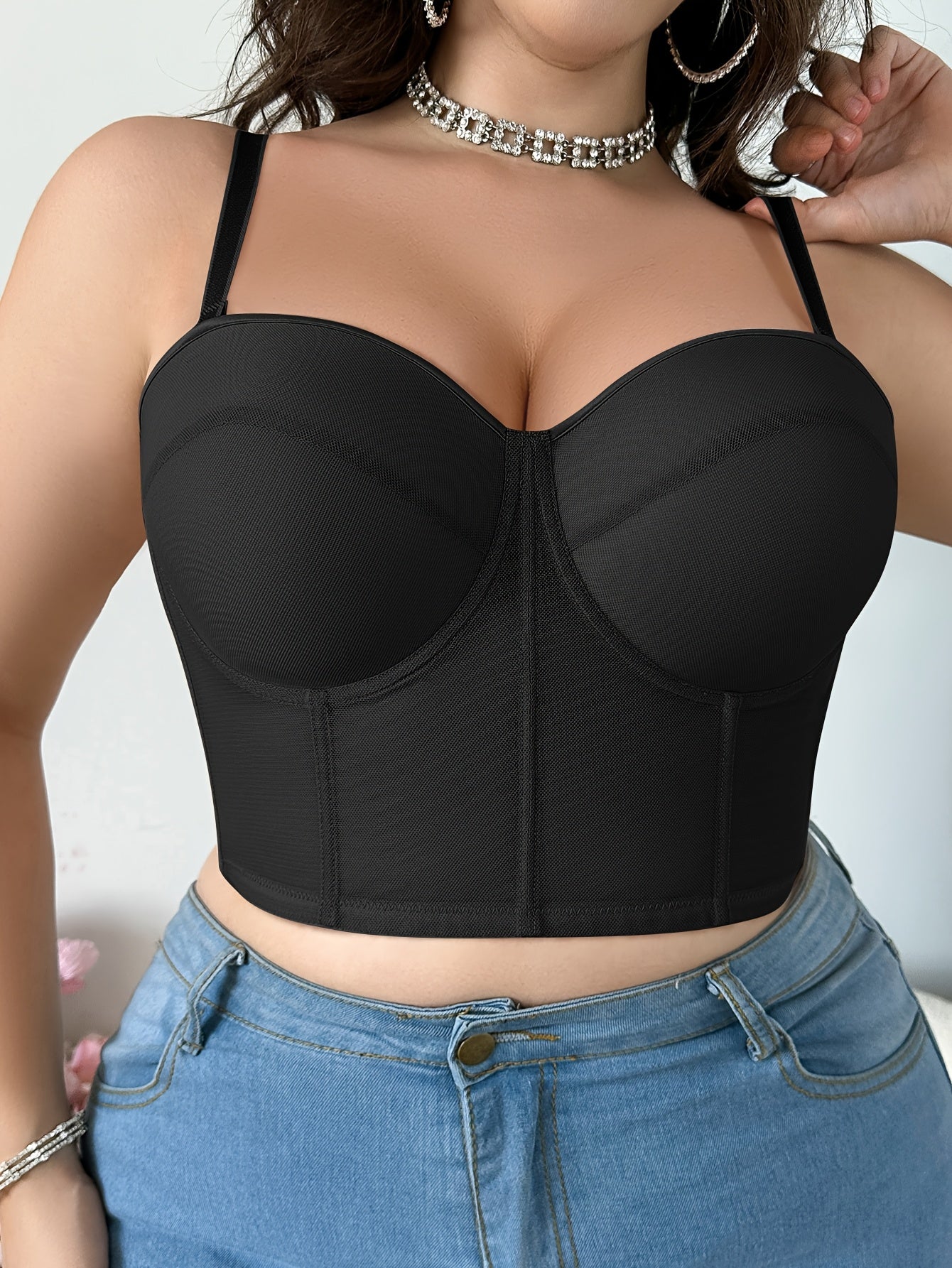 Elegant plus size women's bralette with detachable straps, invisible half-cup design, underwire support, breathable shaping, nylon and elastane material, push-up and thin cup.