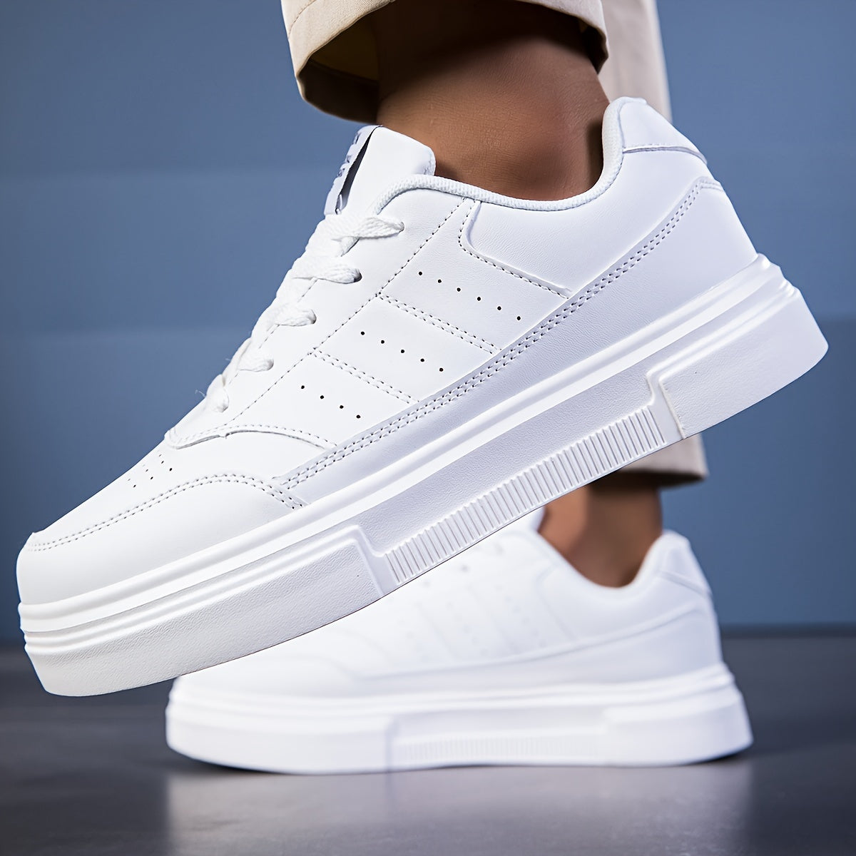 White casual sneakers for men - comfortable, durable, all-season low-top lace-ups with soft EVA sole for casual wear and running.