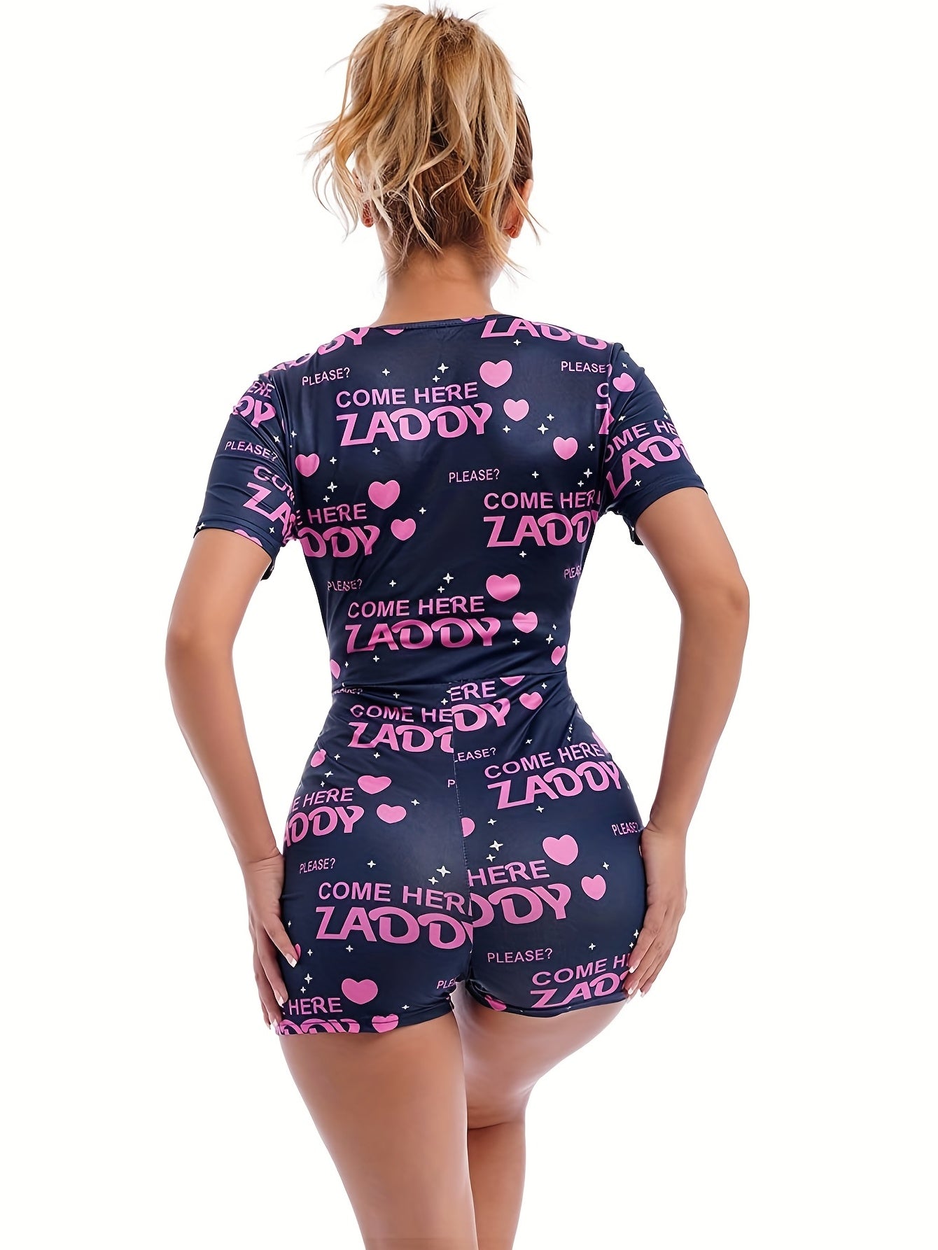 Stylish navy blue bodysuit with "Lady" print - short sleeves, round neck with button detail, stretchy polyester blend for comfortable loungewear.