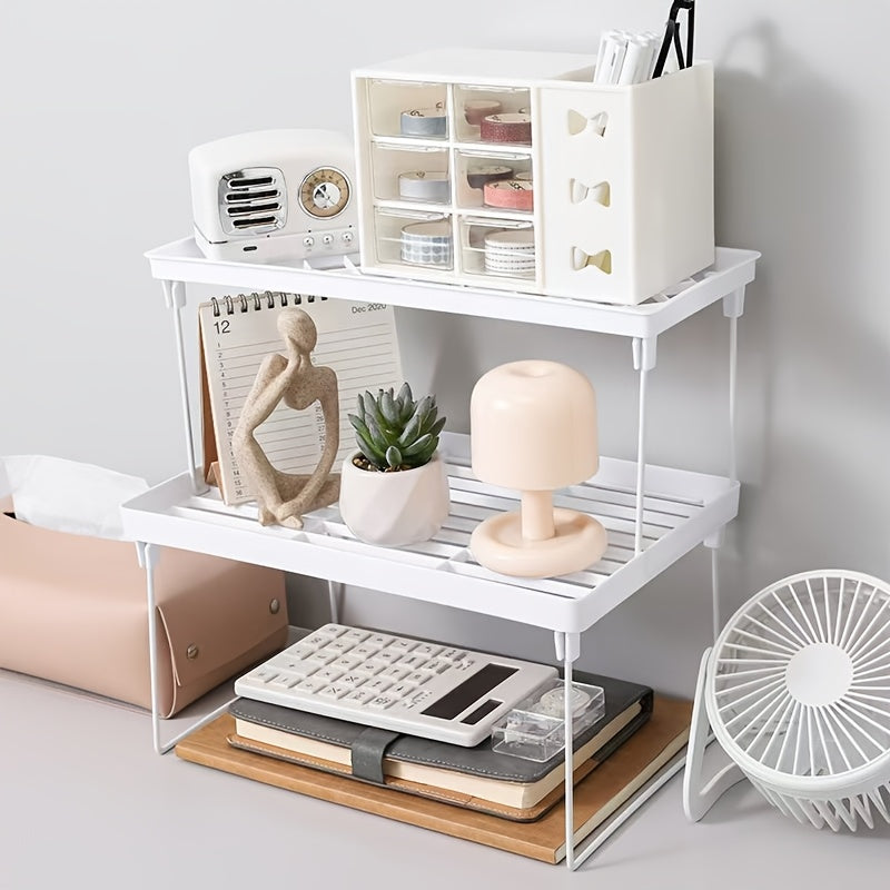 Single-tier iron shelf organizer with partition board for dormitory desktop storage. Made of non-electric plastic material, this tabletop storage cabinet is perfect for organizing your belongings.