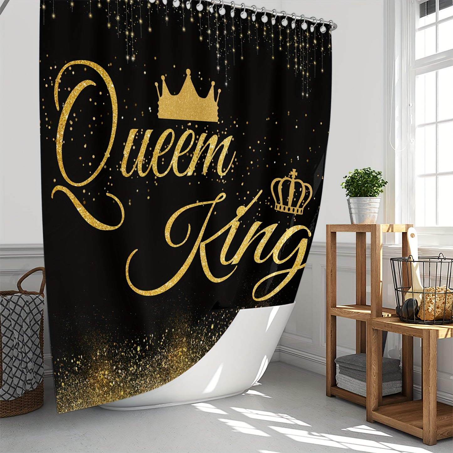 Royal shower curtain set with hooks, bathroom rugs, and crown motif design. Water-resistant polyester, machine washable. Includes non-slip U-shaped mat and toilet lid cover.