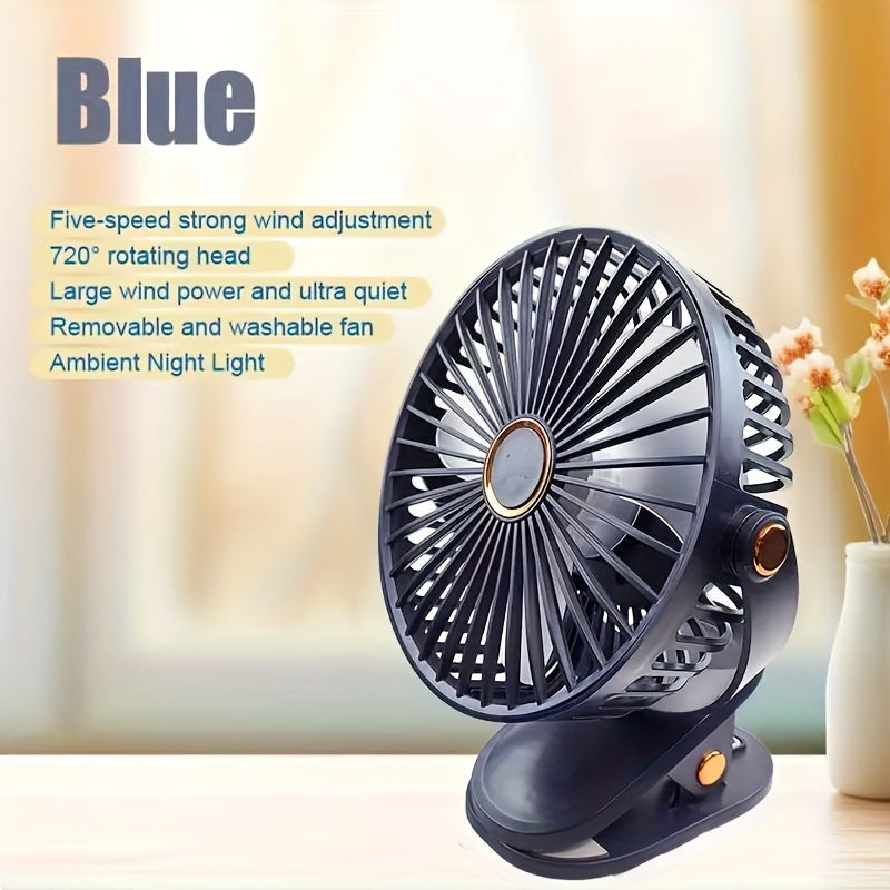 Portable silent desktop fan featuring powerful wind, energy-efficient biomimetic fan blades, five-speed wind adjustment, built-in battery with long-lasting USB charging, 720-degree adjustable air supply, and a 6-inch extra-large air outlet.