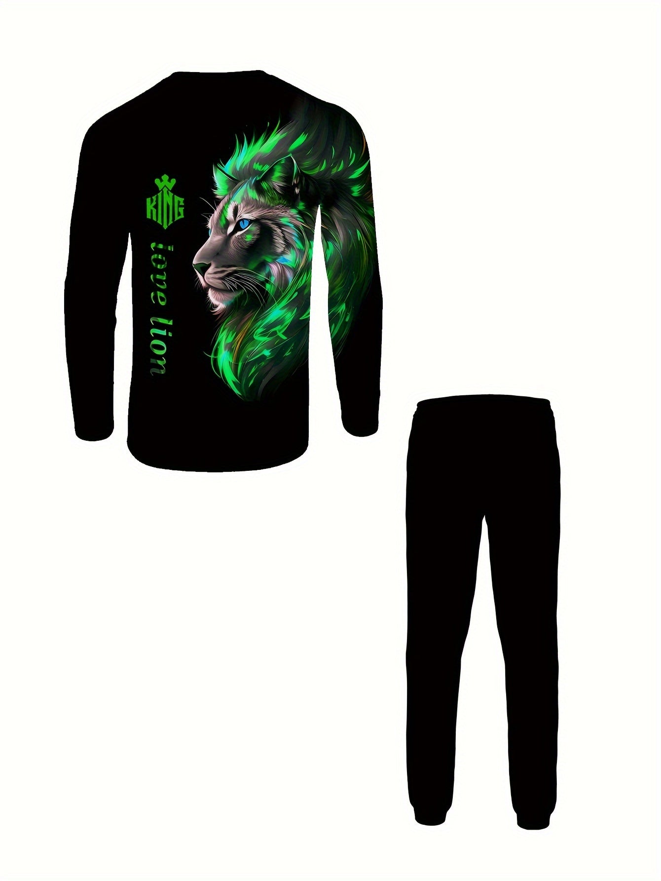 Men's Plus Size Lion Print Long Sleeve T-Shirt and Sweatpants Set - Casual Sportswear for Fall/Winter