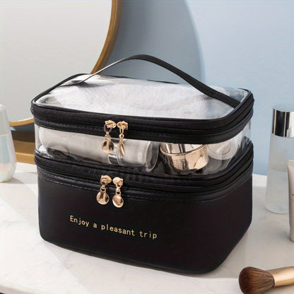 Stylish and practical travel makeup bag with double layers, made of waterproof PU material, featuring a transparent wash bag and large storage capacity.