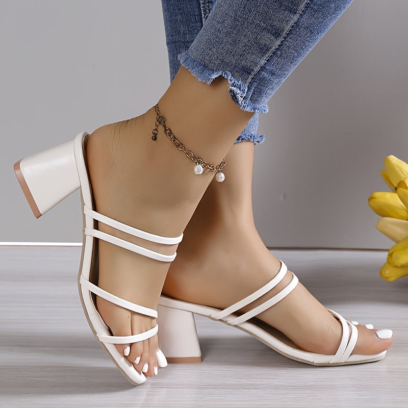 Chunky heel sandals with square toe and slip-on design for women, perfect for casual summer wear.