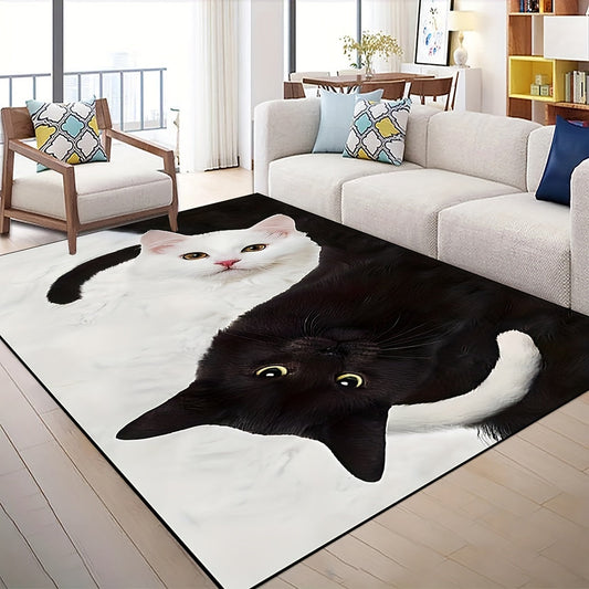 Black and white cats print rug featuring adorable kittens, crafted from soft and comfortable material. This hand washable non-slip floor mat is perfect for indoor and outdoor use, adding a touch of aesthetic decor to any bedroom or home space.