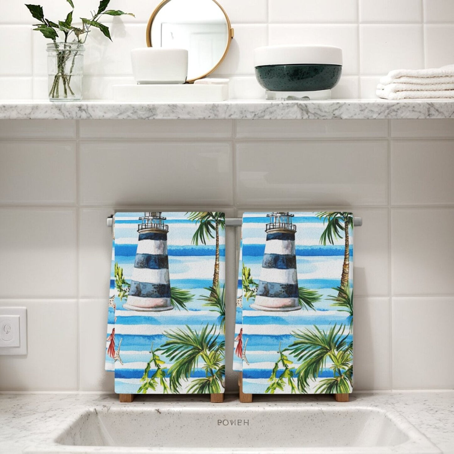 Set of 2 Tropical Lighthouse & Palm Tree Kitchen Towels - Made of Absorbent Polyester for Drying Dishes, featuring a Nautical and Beach Design. Perfect for Home Decor or Housewarming Gifts, but Hand Wash Only.