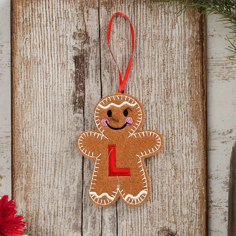 Embroidered gingerbread man ornament for Christmas decoration, made of fabric material. Classic style and no power required. Perfect for home and kitchen use.