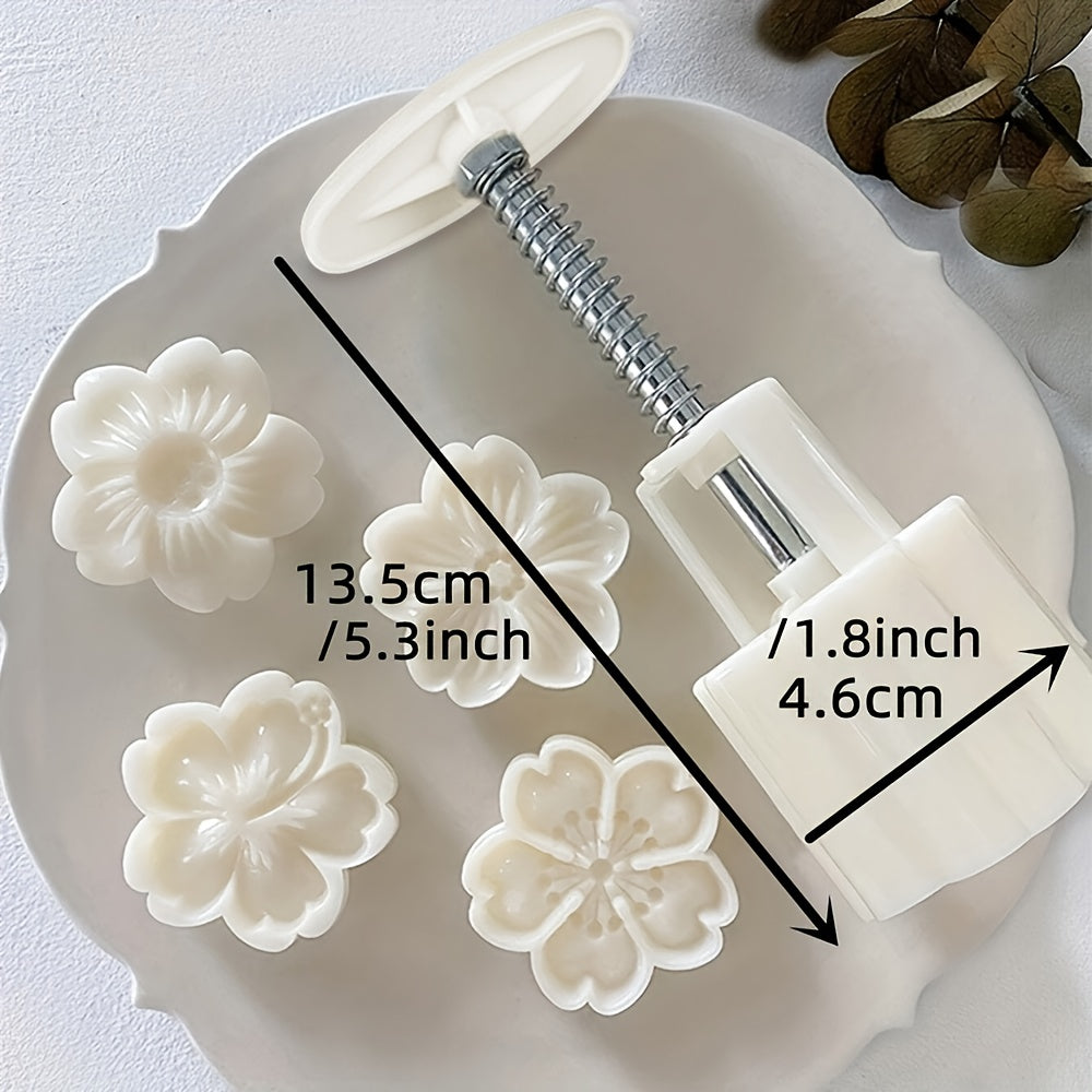 Flower Cookie Press Set with 5 Pieces - Create Beautiful Mooncakes and Pastries with Intricate White Flower Designs, Made of ABS Plastic, Perfect for Elegant Baking during Christmas and Halloween, Must-Have Kitchen Essentials.