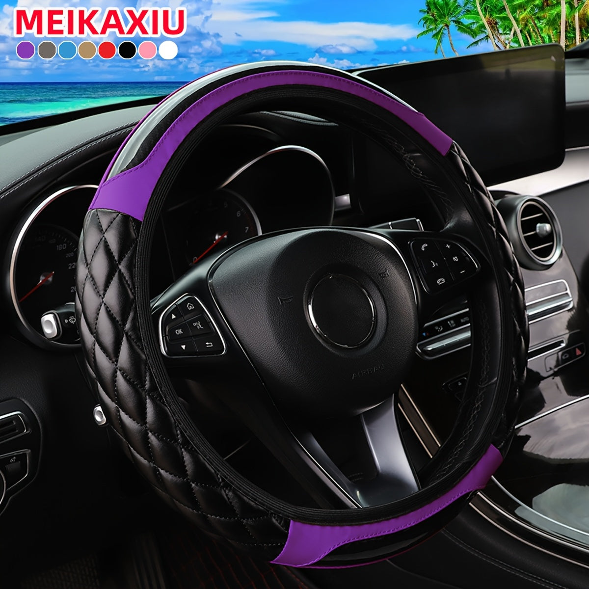 MEIKAXIU 3D Embroidered Crystal Carbon Fiber Faux Leather Steering Wheel Cover, Universal Fit for 36.83-38.1 cm, Available in 5 colors.