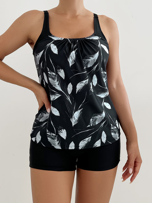 Black tankini set with random print tank top and black boxer shorts, 2 pieces.