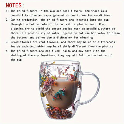 Glass coffee mug with dried flowers, double-walled espresso cups for hot drinks, perfect for all seasons, ideal for birthdays.