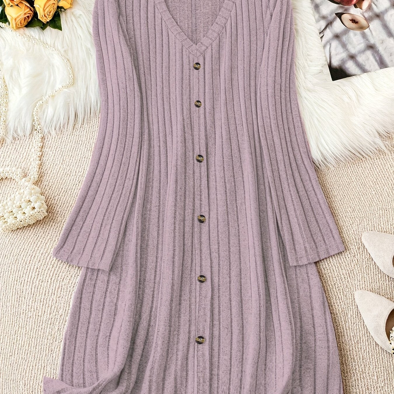 Solid color V-neck long sleeve dress made of stretchy polyester blend, perfect for casual fall/winter wear for women.