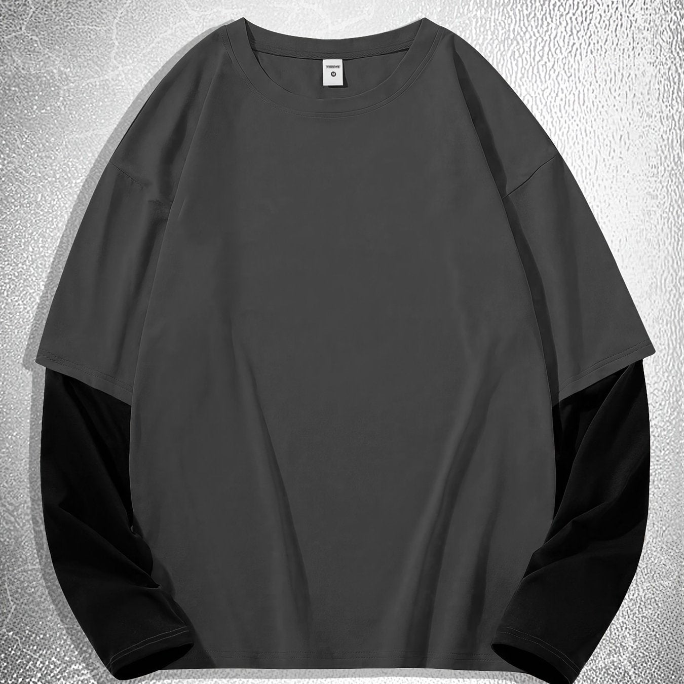 Men's two-piece long sleeve crew neck t-shirt in contrast colors, ideal for outdoors.