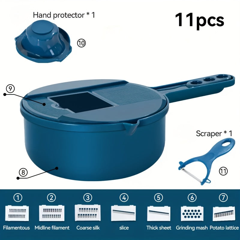 Multi-functional vegetable chopper for cutting, shredding, slicing, and grating vegetables in a hotel or commercial setting.