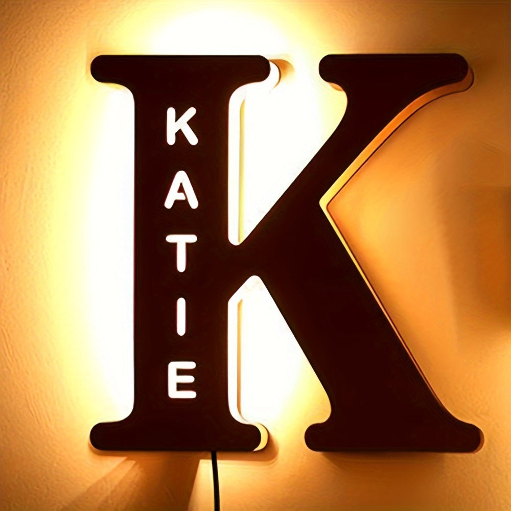 Custom LED letter night light for couples, friends, and family - personalized wooden wall lamp powered by USB. Ideal for bedroom decor with custom uppercase letters.