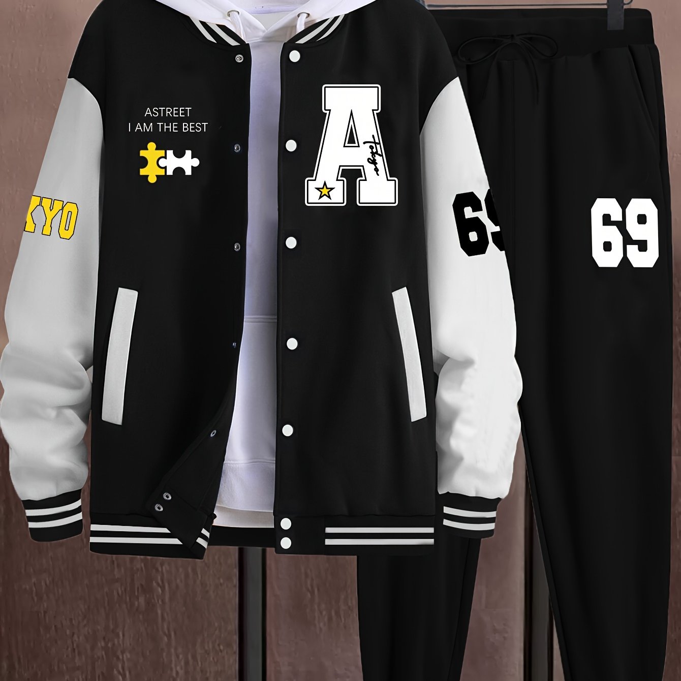 Men's casual 69-piece set includes color block varsity jacket and joggers with A-69 print. Made of polyester with baseball collar and pockets, ideal for fall/winter.