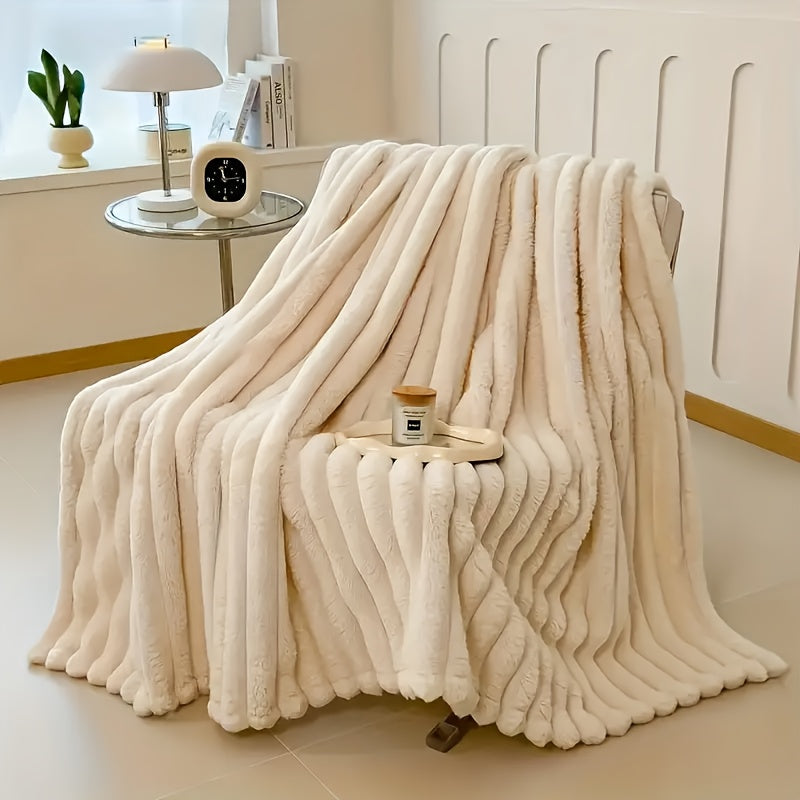 Soft, machine washable dog blanket in beige with stripes for small to large breeds, indoor use, 71.12cm x 101.6cm.