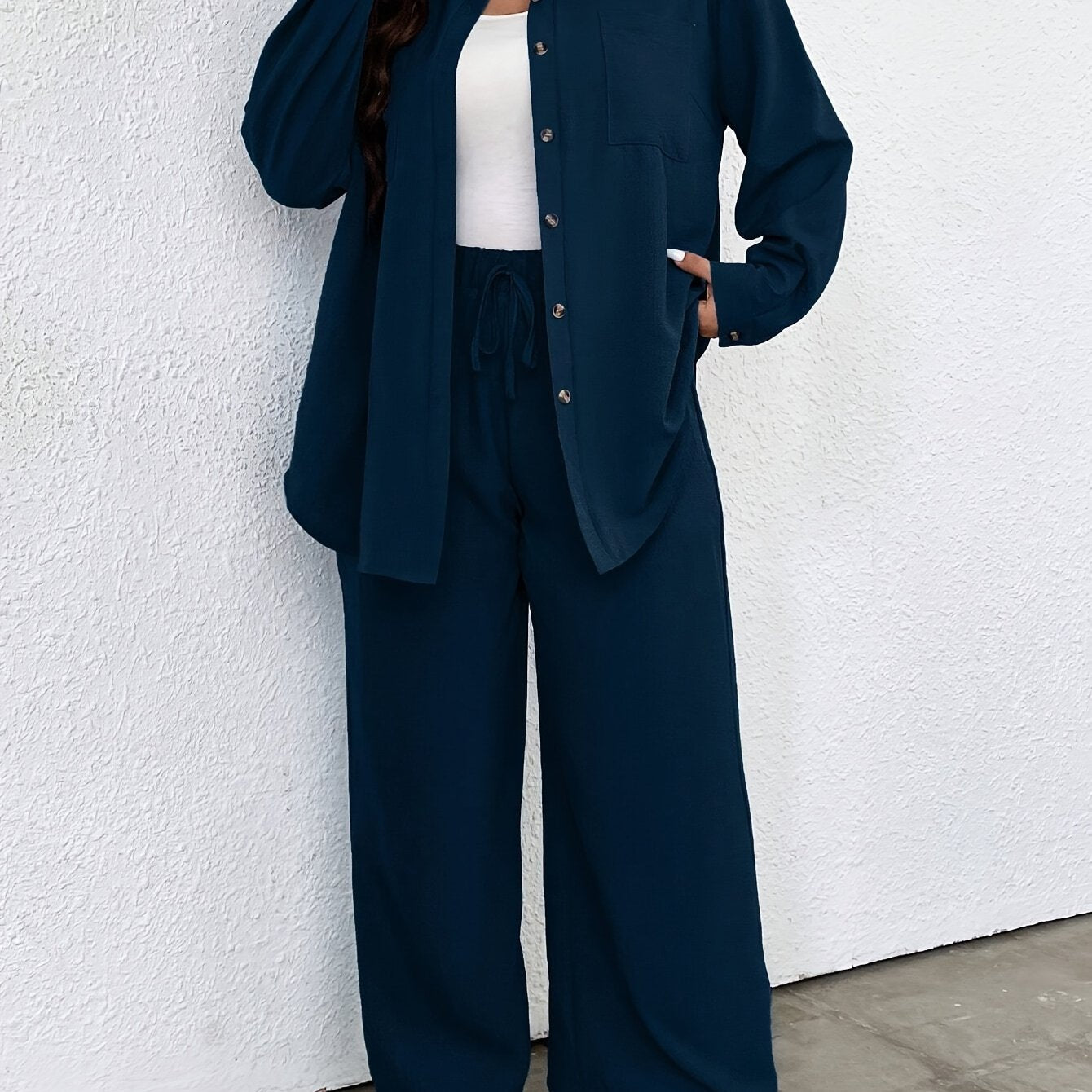 Plus Size Solid Color Pants Set with Shirt and Tie Waist Pants, Women's Casual Outfit