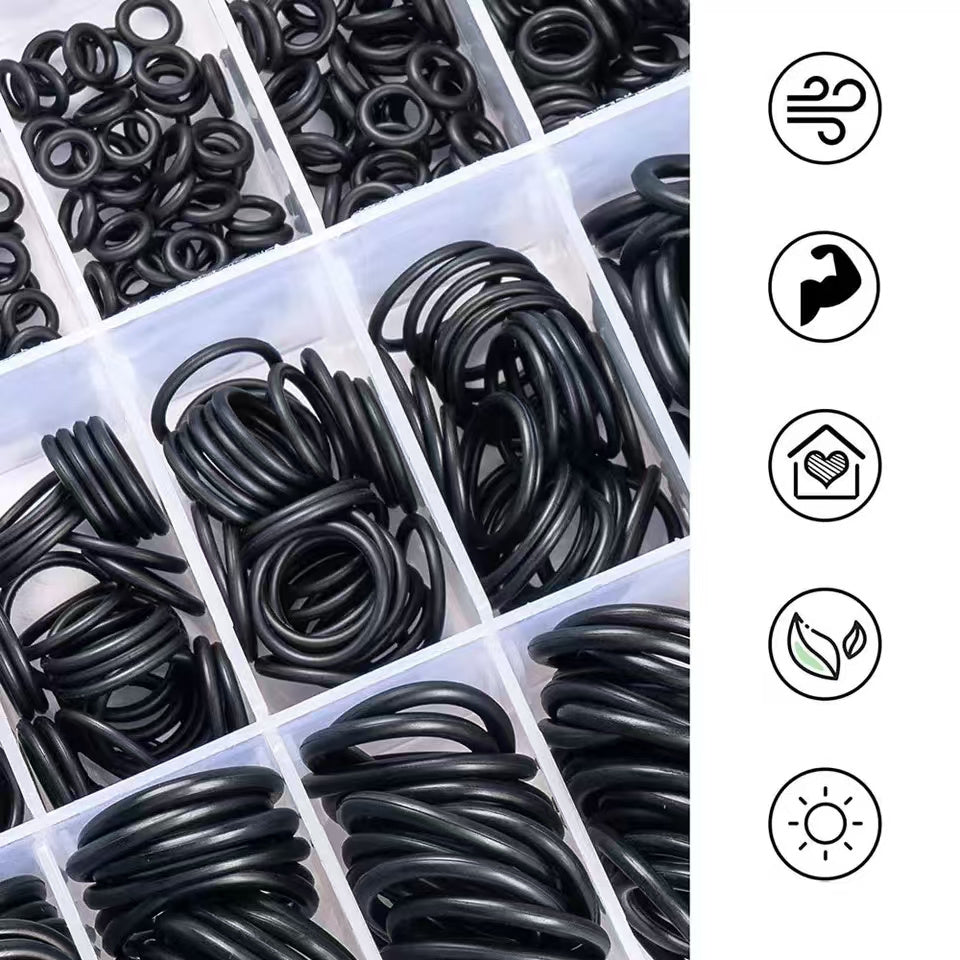 225-piece O-Ring Kit: Tough rubber seals suitable for automotive and machinery use, resistant to oil and water, various sizes included.