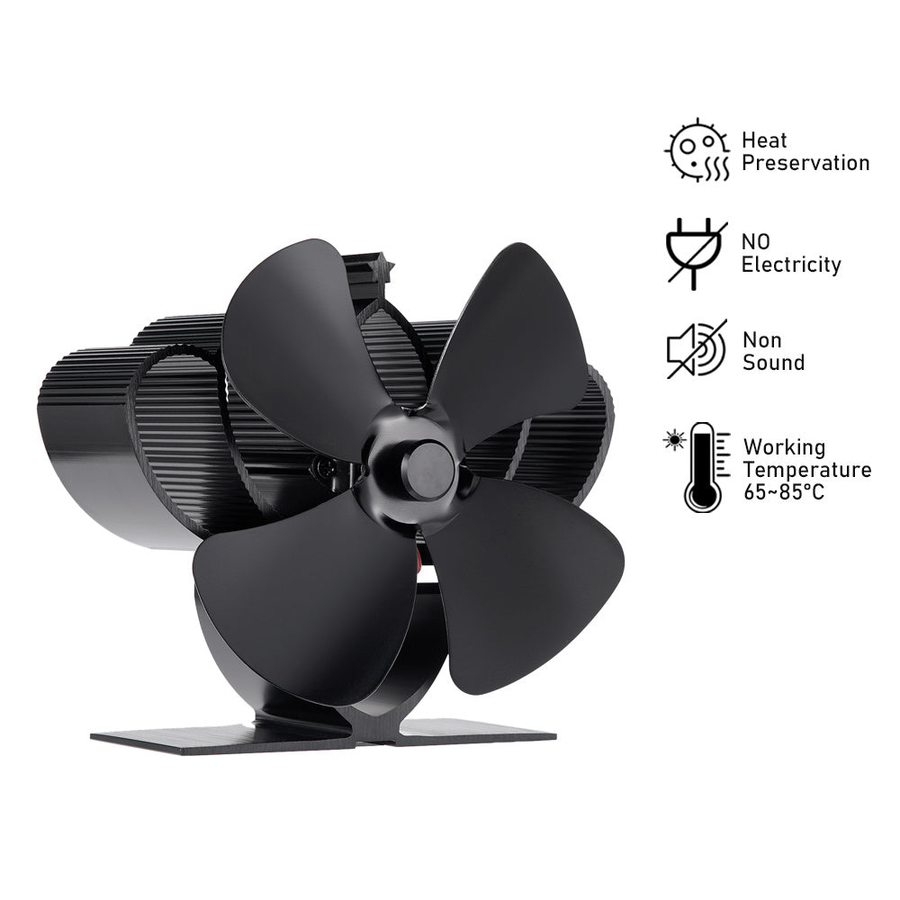 The EcoPulse Heat-Powered Mini Stove Fan is a 4-blade log wood burner exhaust fan made of metal. It is portable and designed for efficient heat distribution without the need for electricity. This fan operates quietly and helps circulate air effectively.