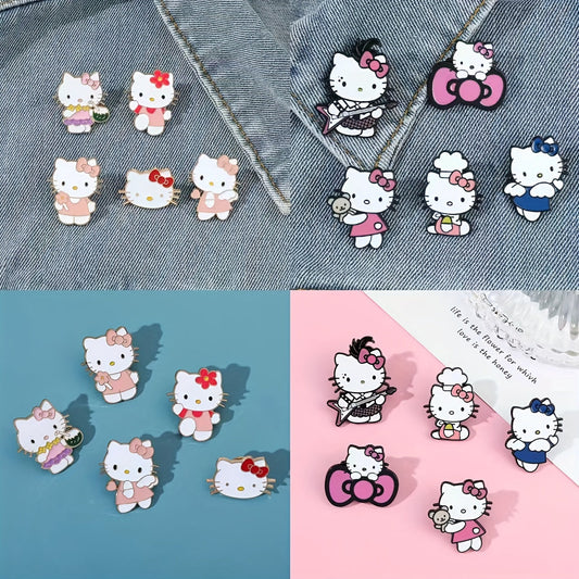 [Officially Licensed] Set of 5/10 Hello Kitty Brooches for both Men and Women, featuring Hello Kitty as a Guitarist and Chef. These Fashionable Enamel Pins are made of Metal Paint, perfect for decorating Backpacks, Clothing, or Wallets.