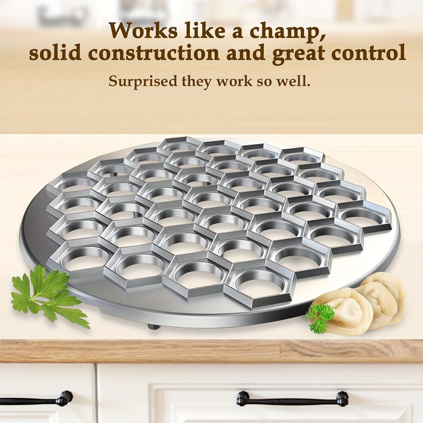 Convenient aluminum dumpling maker with 37 holes for making meat dumplings and other pastries at home. A must-have kitchen tool.