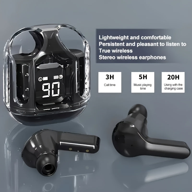 Compact wireless earbuds with touch volume control, plastic construction, rechargeable battery, and Type-C charging. Charger not included.