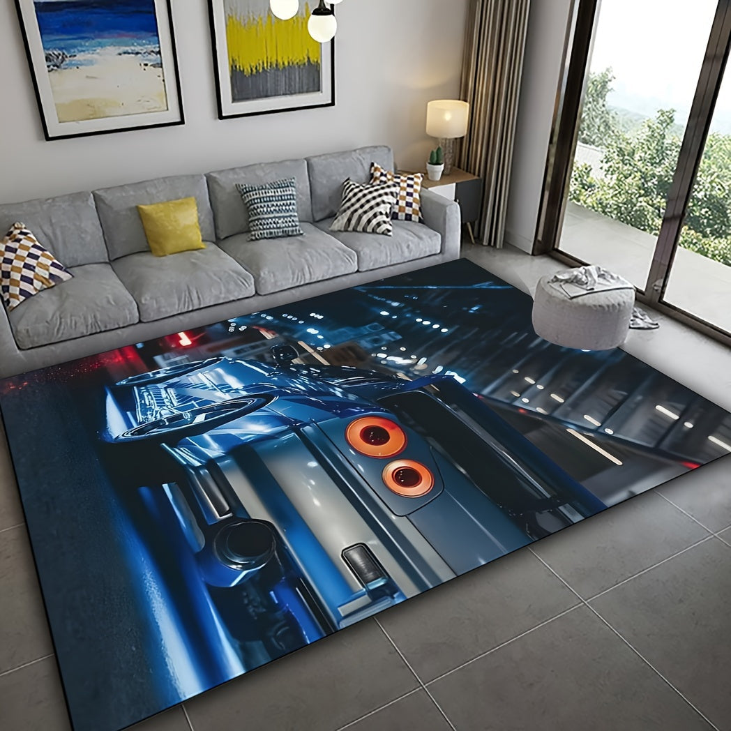 Soft Crystal Velvet Blue Sports Car Area Rug - Non-Slip, Machine Washable Polyester for Multiple Room Decor - Ideal for Teen Rooms & Dorms