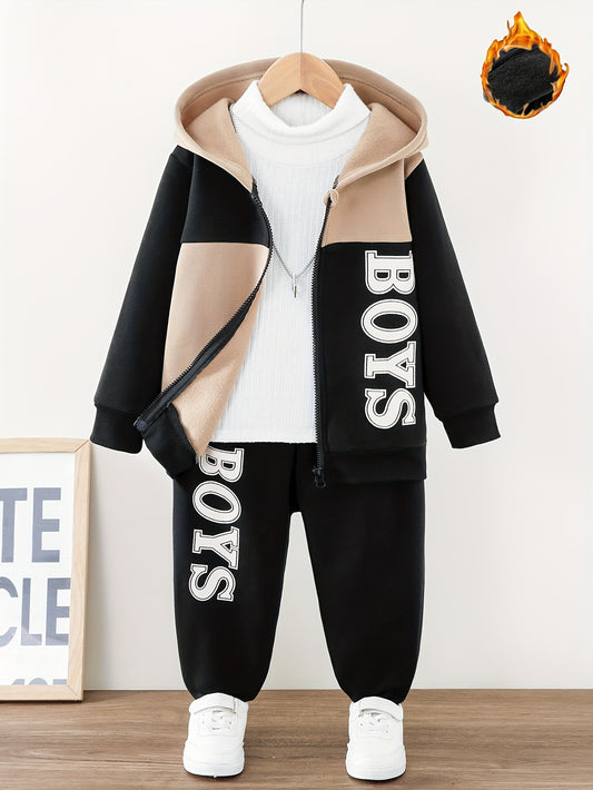 Boys' 2pc Fall/Winter Fashion Set: Sequin-detail Hooded Jacket & Jogger Pants, Cozy & Stylish, Ideal Outdoor Gift.