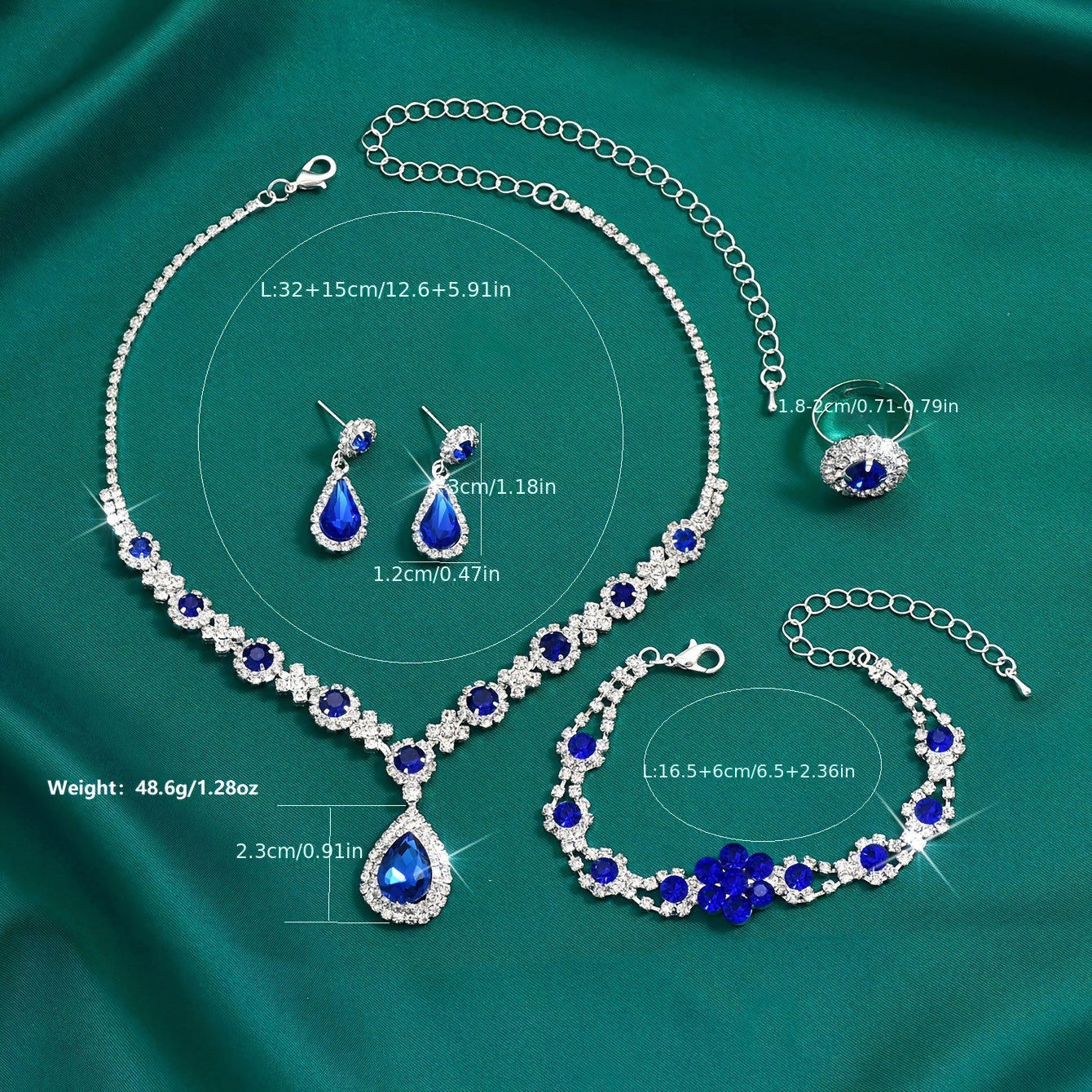 This jewelry set features a vintage 4-piece design with synthetic gemstones, a sexy tear-drop style, and a silver plated finish with rhinestones. Made from copper, this set is perfect for vacation and wedding events, and makes an ideal gift for