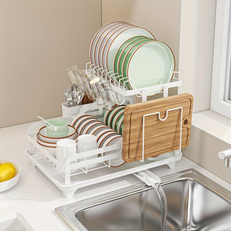 Kitchen Countertop Dish Drying Rack with Double Layers and Large Capacity, Steel Drainboard Dish Drainer with Utensil Holder, Suitable for Dishes, Knives, Cups, and Cutting Boards, Dimensions 41.4 x 28.96 x 27.43cm, Essential Kitchen Supplies