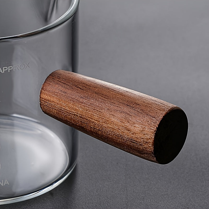 Premium Borosilicate Glass Coffee Cup with Wooden Handle - Dual Spout, Transparent Milk Jug with Measurement Marks for Use at Home or in Restaurants