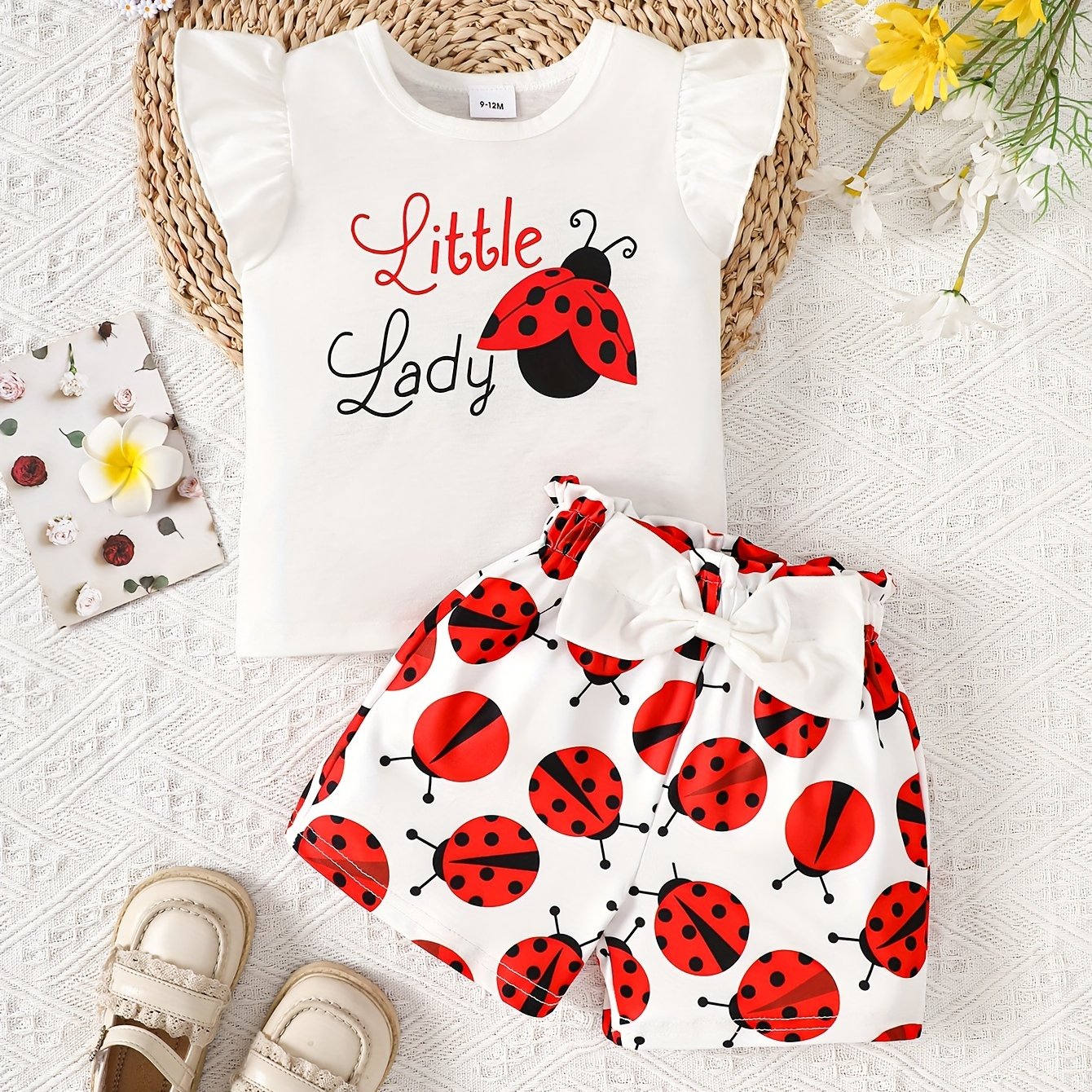 Adorable ruffled sleeve t-shirt and bow/ladybug shorts set for baby girls, ideal for casual outdoor wear this season.