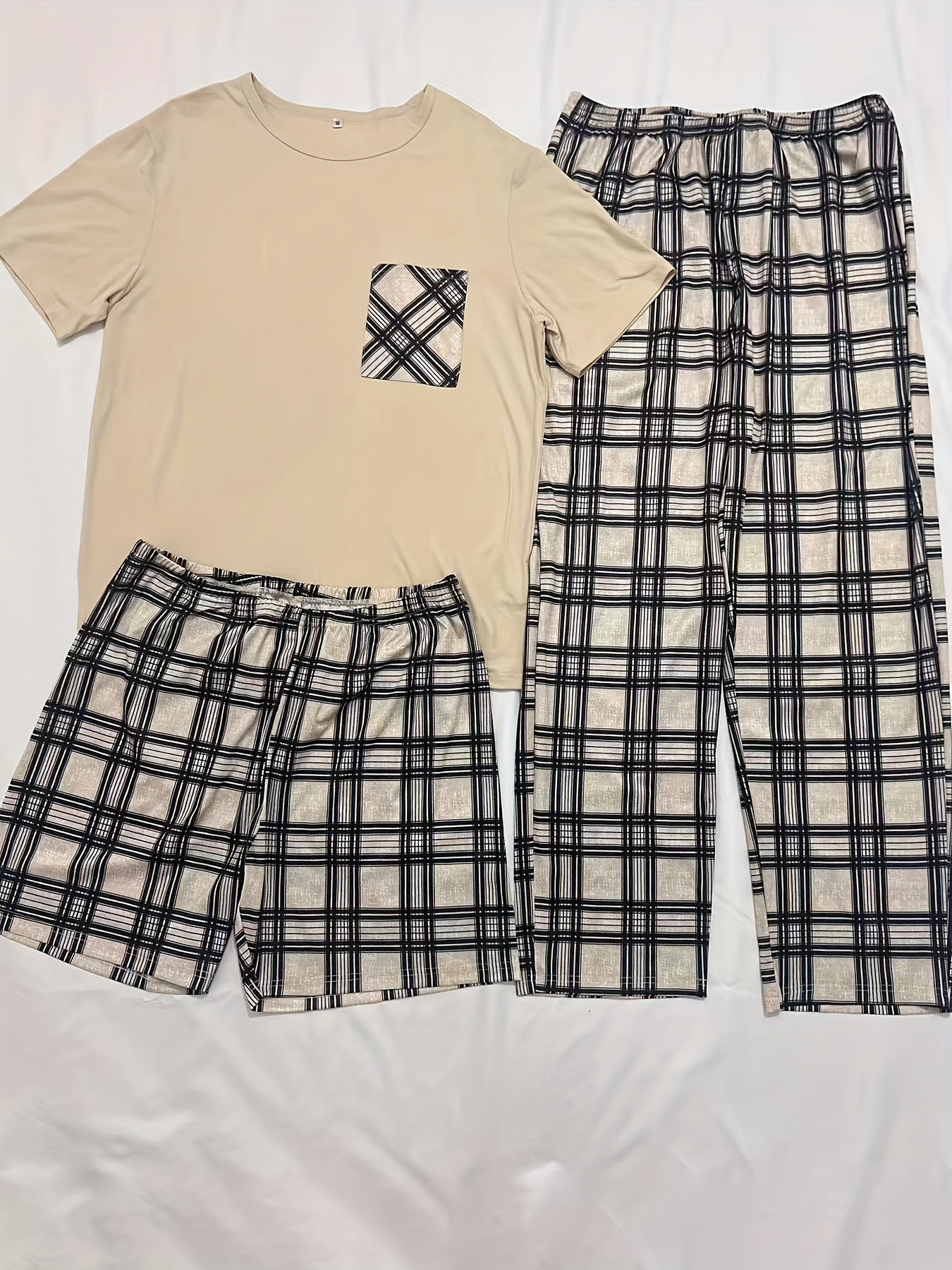 3-piece Plaid Pajama Set, short sleeve crew neck top with pocket, 100% knit polyester, all-season comfort, regular fit bottoms, medium stretch, no belt, 180gsm.