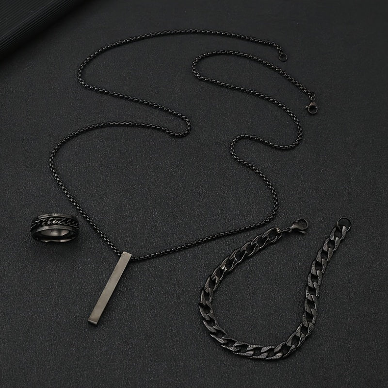 Casual Hip Hop Men's Stainless Steel Jewelry Set featuring Simple Rotatable Unzipped Ring, Black Statement Geometric Pendant Necklace, and Bracelet. Add a touch of style to your look with these accessories.