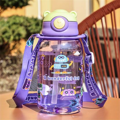 650ml Plastic Cup with One-Button Pop Lid, Cartoon Anime Strap, Portable and Cute