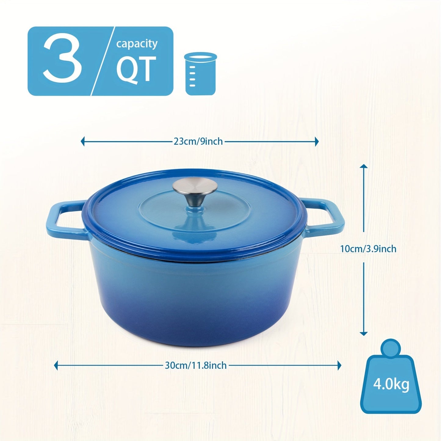 One-piece cookware set includes a 3-quart round pot with flat lid in gradient lake blue color. Made of non-coated cast iron enamel, this durable pot is perfect for all your cooking needs in the kitchen.