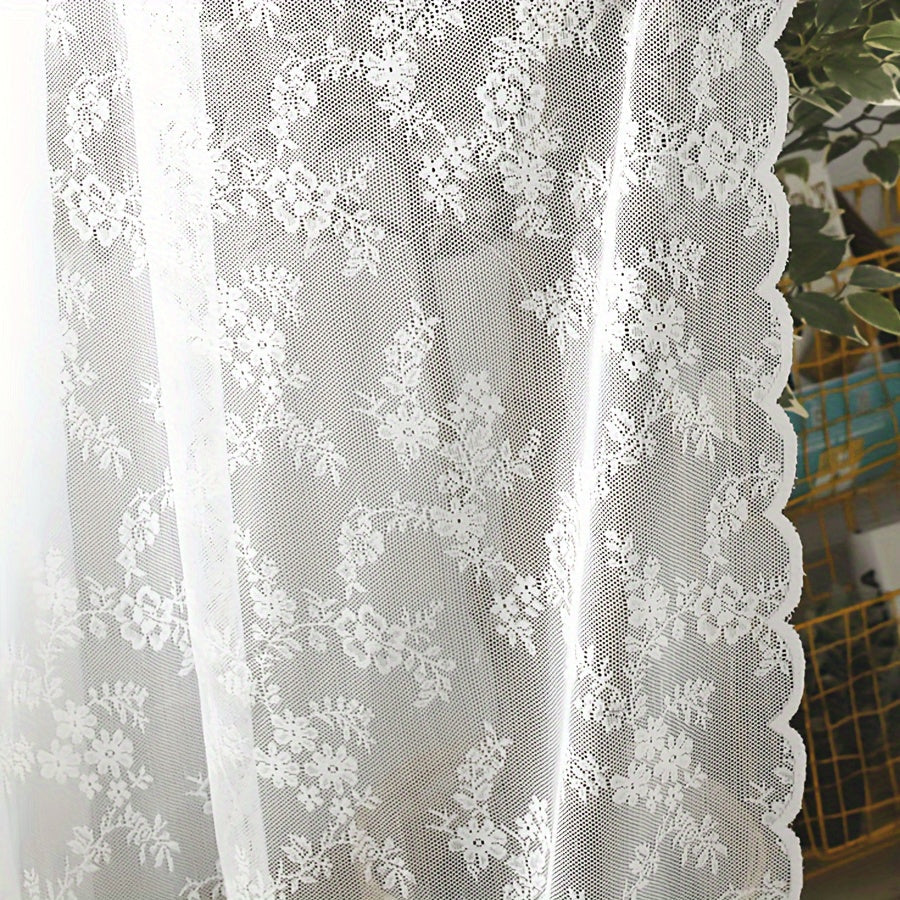 White Lace Sheer Curtain with Floral Design - UV Protection, Rod Pocket Window Treatment for Living Room & Bedroom Decor - 1 Piece