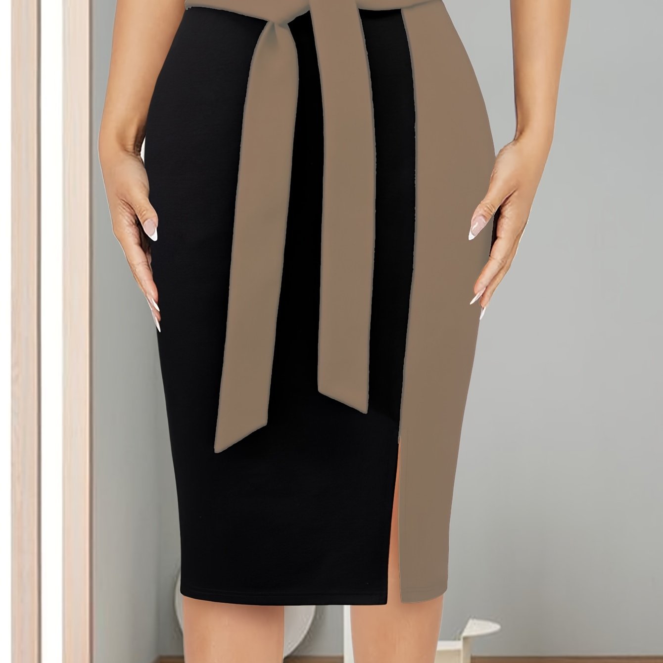 Stylish Color Block Tie-Waist Midi Skirt made of stretchy rayon blend with maroon & black design. Suitable for office or casual wear in spring/summer. Machine washable and comfortable fit.