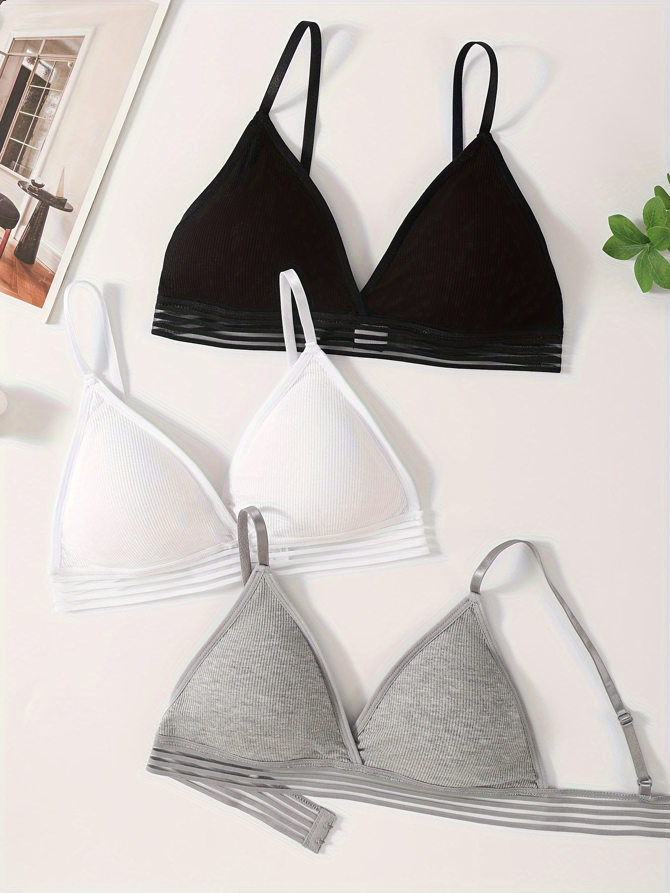 3 Women's Wireless Ribbed Bras - Comfortable & Breathable, Striped V-Neck with Removable Pads, Elastane & Polyamide Blend, Hand Washable - Black, White, Gray.