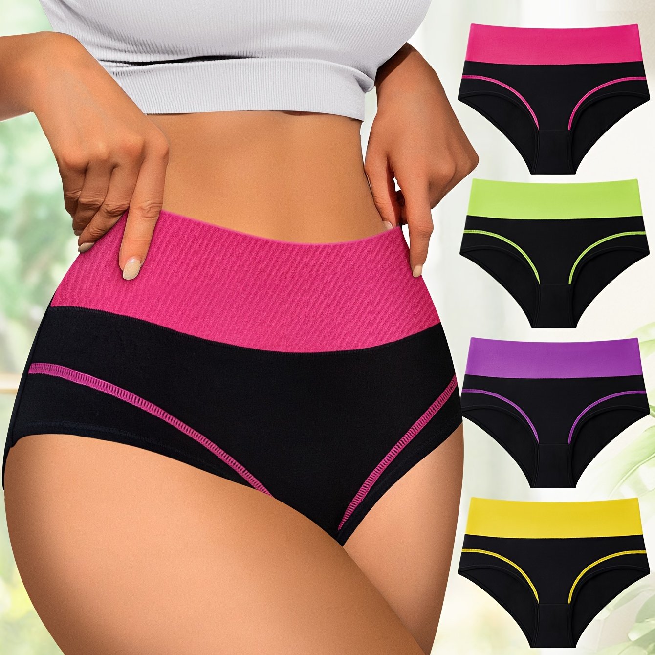 4 high waist tummy control panties with contrast color, comfortable fit.