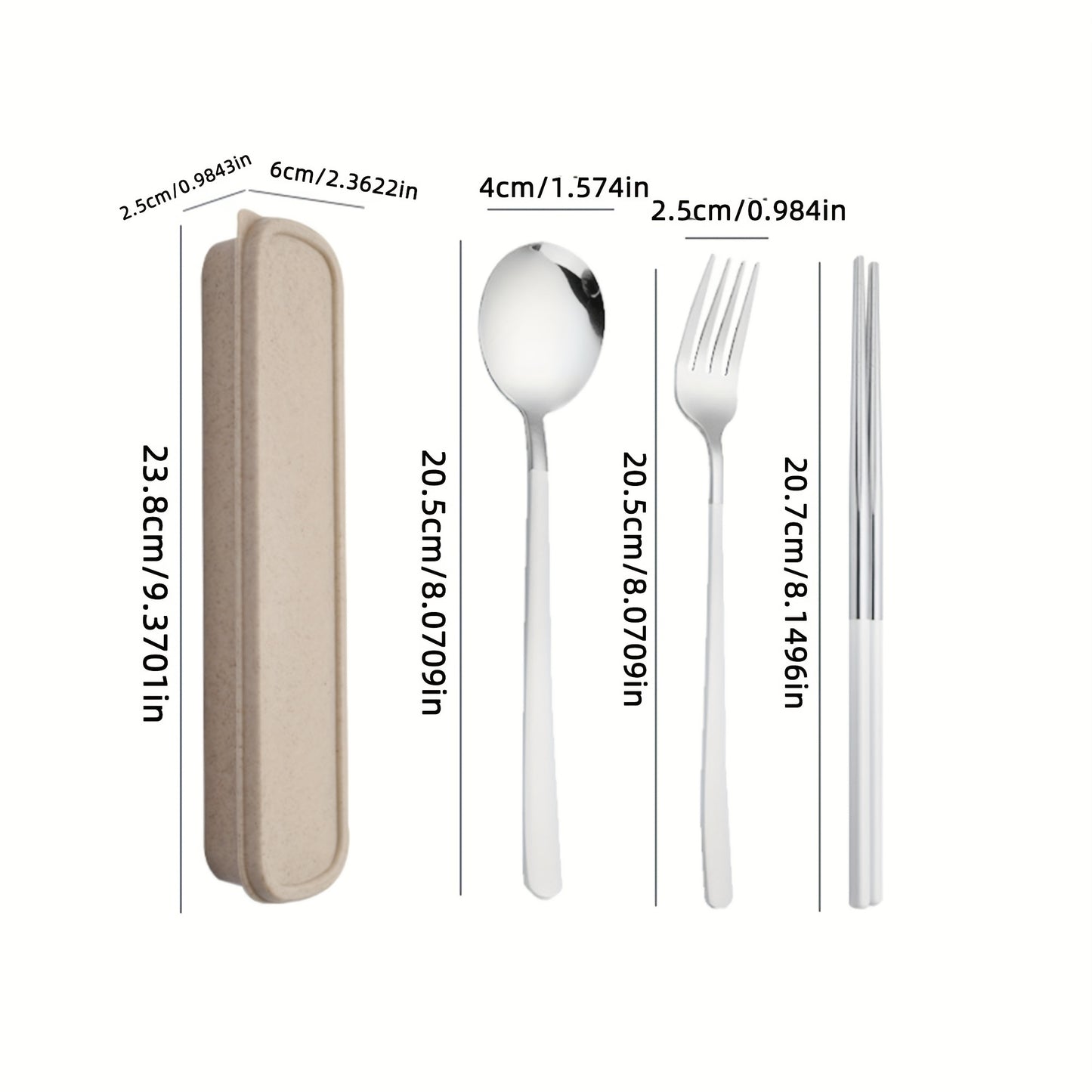 Set of 4 stainless steel portable cutlery with reusable box, including fork, spoon, and chopsticks. Perfect for steak, outdoor gatherings, camping, and as a Chinese-style gift set.