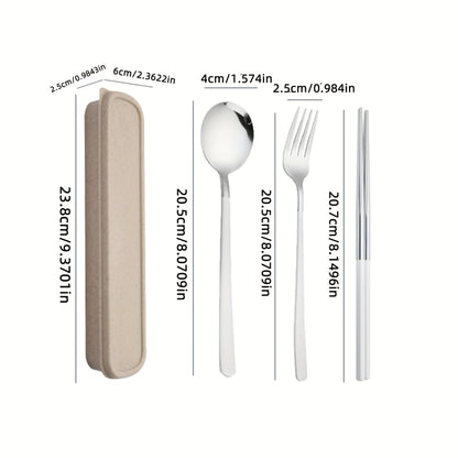 Set of 4 stainless steel portable cutlery with reusable box, including fork, spoon, and chopsticks. Perfect for steak, outdoor gatherings, camping, and as a Chinese-style gift set.