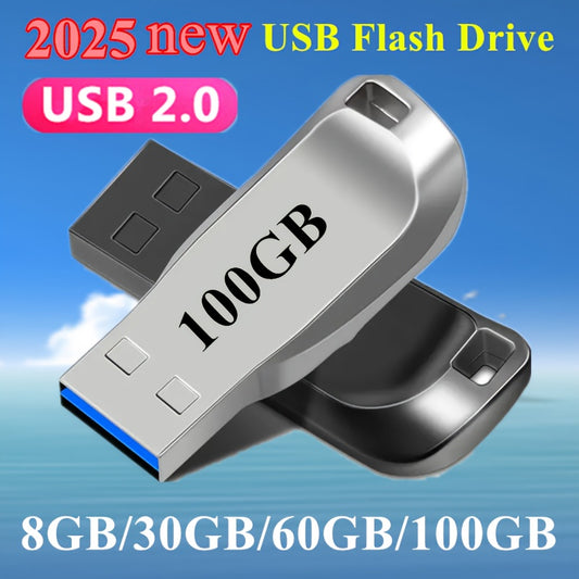 Высокоскоростной металлический USB 2.0 флеш-накопитель для ПК, ноутбуков, планшетов и телефонов. Прочный дизайн с безопасными вариантами хранения данных объемом 8 ГБ, 30 ГБ, 60 ГБ и 100 ГБ.